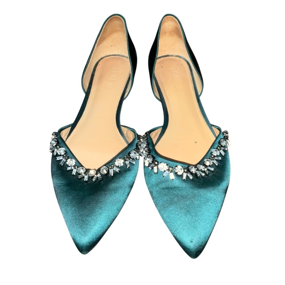 J. Crew Factory Teal Satin Pointed Flats with Crystal Trim